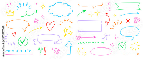 Hand drawn cute frame, arrow, star line set. Frame line hand drawn arrow doodle icon star border rectangle underline. Cute vintage heart bow lace sketch sticker label design. Vector illustration