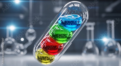 Innovative Capsule with Colorful Liquids in a Bright Scientific Laboratory