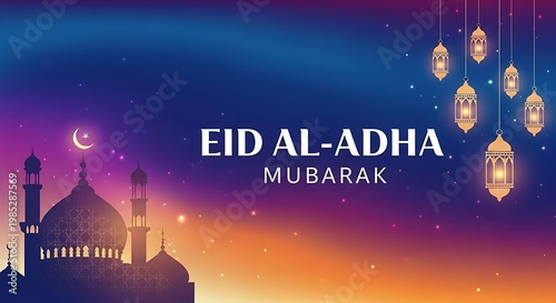 Celebrating the joyous occasion of eid al-adha with traditional decorations and a mosque backdrop