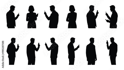 A collection of silhouette figures depicting people using smartphones in various poses and orientations high quality