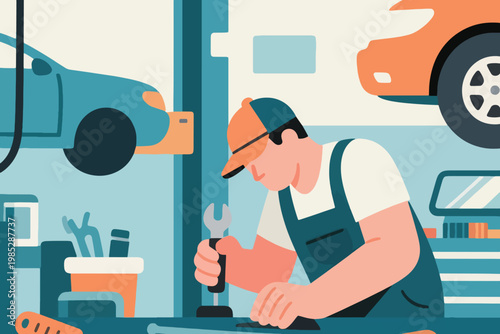 Illustration Of A Professional Technician Working In A Workshop Using A Wrench Vector Design Template