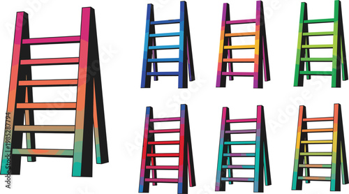 Colorful gradient step ladder icon set in flat style featuring construction equipment for maintenance work safety and industrial design