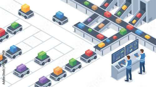 Isometric Smart Warehouse Logistics with Automated Guided Vehicles and Operators, Digital Supply Chain Management and Industrial Automation Concept for Presentation
