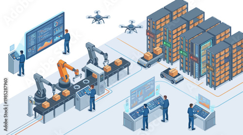 Isometric Smart Warehouse Automation with Industrial Robots, Drones and Workers Managing Digital Logistics and Supply Chain Operations for Modern Manufacturing and E-commerce Industry
