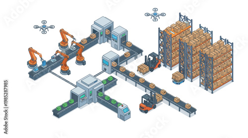 Isometric Smart Warehouse and Automated Factory Production Line with Robotic Arms, Drones, and Conveyor Belts for Logistics and Industry 4.0 Presentation