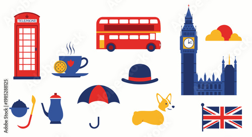 Illustration of classic British symbols and London landmarks in a stylized flat design