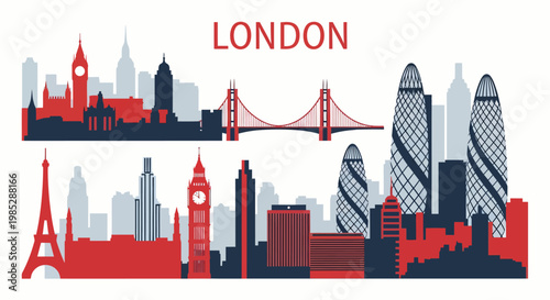 Stylish London Skyline Flat Vector Set Featuring Iconic Landmarks and Cityscape