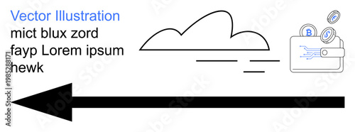 Digital economy, cryptocurrency, blockchain, data transfer, cloud storage, financial transactions. Wallet with coins, cloud and arrow. Digital economy and cryptocurrency concept