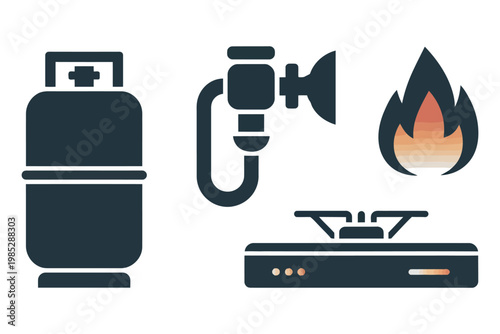 Camping stove with propane gas cylinder and regulator, flame burning, portable cooking equipment, outdoor adventure, cooking, culinary.