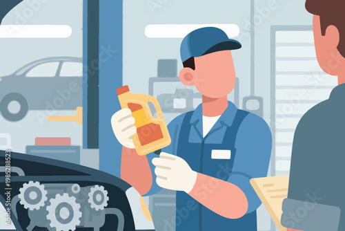 Illustration Of A Worker Carrying A Bottle Of Oil To Give To A Customer's Car Vector Design Template