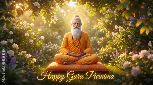 Guru Purnima: A venerable figure, serene and enlightened, meditates amidst a blossoming garden, his presence radiating peace and wisdom, a tribute to Guru Purnima.