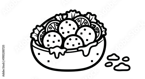 Hand-drawn Falafel Bowl with Lemon Slices and Lettuce - Vector Illustration