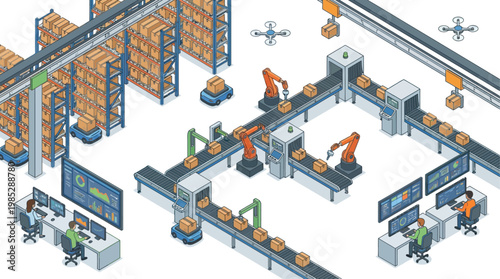 Isometric Smart Warehouse Automation with Robotic Arms, Conveyor Belts, and Autonomous Drones for Digital Logistics and Industrial Supply Chain Management