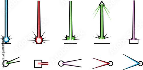 Colorful laser beam and impact effect icon set in minimal flat style featuring energy rays and directional signals for technology design