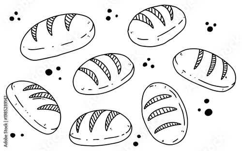 A collection of seven hand-drawn loaves of bread scattered across a white background with small black dots.