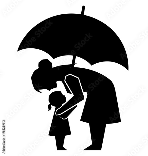 Minimalist Silhouette of Mother and Child Under Umbrella Melancholic