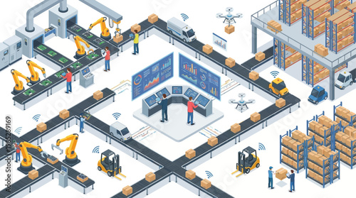 Isometric Smart Factory Production Line with Automated Robotics, Warehouse Logistics and Data Analytics Control Center for Industrial Digital Transformation and Industry 4.0 Concept