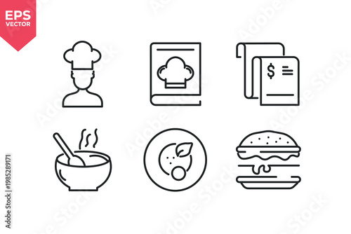 Set of line icons related to restaurant, chef, waiter, bill, menu, burger, soup. Editable stroke. Vector illustration