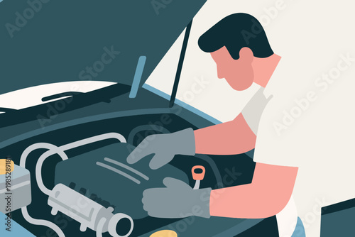 Illustration Of A Professional Mechanic Repairing A Car Engine Vector Design Template