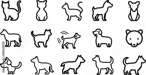 Dog pet line icon set featuring different canine poses standing walking barking sitting and domestic animal illustration collection