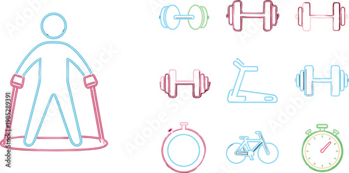 Fitness and workout line icon set featuring exercise equipment training cardio strength tools and healthy lifestyle activity concepts