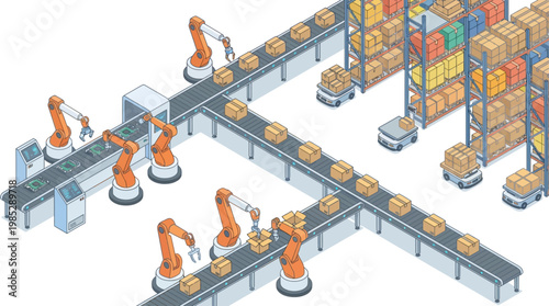 Isometric Automated Warehouse and Factory Assembly Line with Robotic Arms and Conveyor Belts for Smart Logistics and Industrial Manufacturing