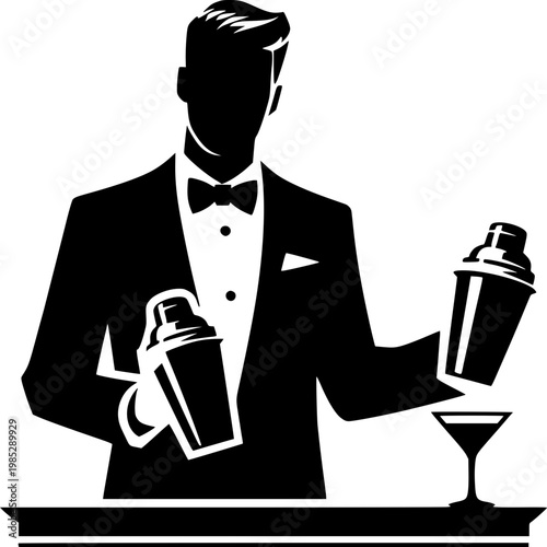 Elegant Mixology: An illustration showcases a suave bartender poised behind a counter, expertly mixing cocktails with a shaker.