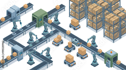 Isometric Automated Warehouse and Smart Factory Conveyor System with Robotic Arms and Cardboard Boxes for Logistics and Supply Chain Management