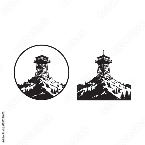 Black and white illustration of a fire lookout tower on a mountain