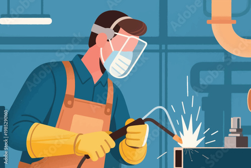 Illustration Of A Man Wearing A Mask And Complete Safety Equipment While Welding Vector Design Template