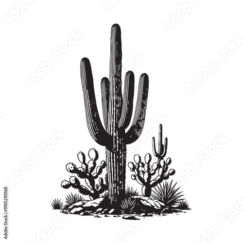 Black and white illustration of a large saguaro cactus with smaller plants