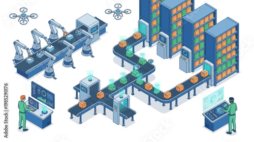 Isometric Smart Warehouse Automation with Robotic Arms, Conveyor Belts and Drones for Digital Logistics and Supply Chain Management