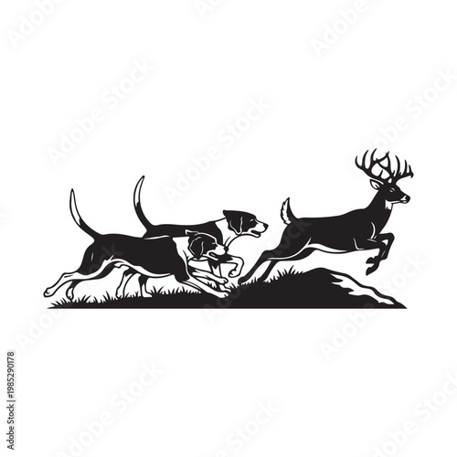 Black silhouette of dogs chasing a deer in a grassy field