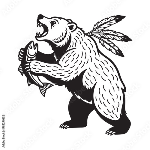 Black and white illustration of a bear catching a fish isolated on white background