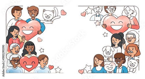 Diverse people, heart icons, love symbols, emoticons, vector illustrations