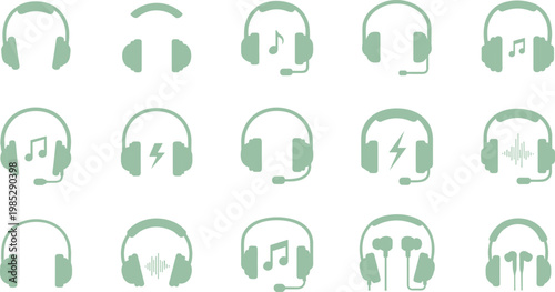 Headphones icon set with music and sound variations in minimal flat style for audio applications and media communication design