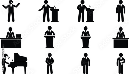 Set of Professional Pictogram Icons Depicting People Speaking at Podium, Office Desk Work, and Playing Piano for Business and Performance Concepts