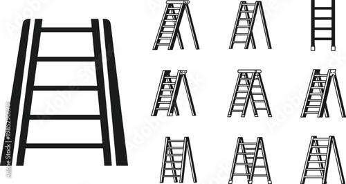 Ladder icon set in solid and outline styles featuring construction equipment symbols for maintenance work safety and industrial applications