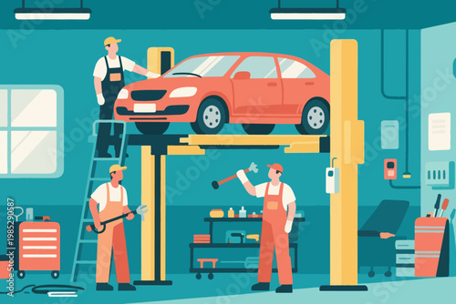 Illustration Of A Car Service Workshop Interior With Mechanics Working On Vehicles And Professional Equipment Vector Design Template