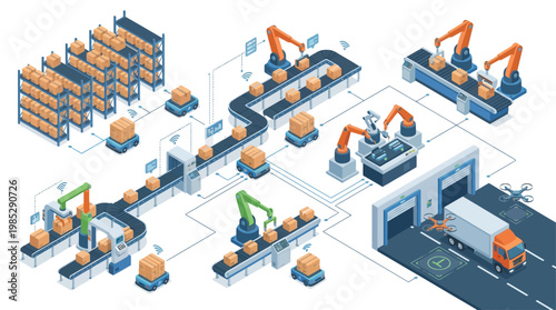 Isometric Smart Warehouse and Automated Logistics System with Robotics, Conveyor Belts, and Autonomous Delivery Drones for Modern Supply Chain Management