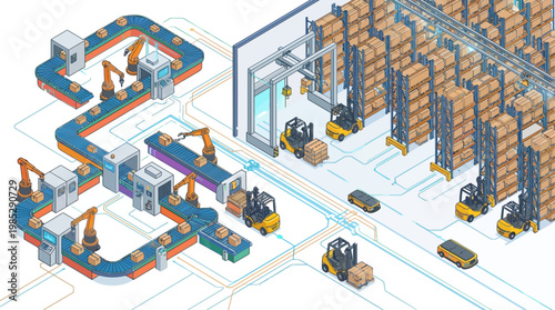 Isometric Warehouse Automation with Robotic Conveyor Belts and Forklifts for Smart Logistics and Supply Chain Management