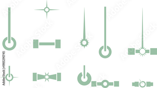 Laser beam and alignment icon set in minimal outline style featuring precision targeting symbols for scientific technology and industrial applications