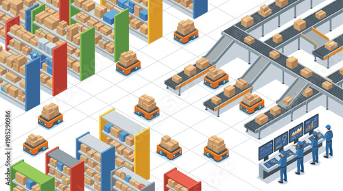 Isometric Smart Warehouse Automation with Autonomous Robots, Conveyor Belts, and Workers Monitoring Logistics Data for Supply Chain Efficiency and Industry 4.0 Digital Transformation