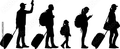 Silhouette of diverse travelers with luggage and passports vector illustration