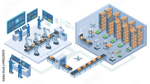 Isometric Smart Factory and Automated Warehouse System with AI Robotics, Industrial Digital Transformation, and Logistics Management for Corporate Presentations and Industry 4.0 Infographics