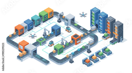 Isometric Smart Factory Production Line with Robotic Arms, Conveyor Belts, and Autonomous Drones for Industrial Digital Transformation and Logistics Automation Concept