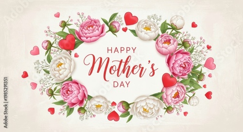 Vintage Happy Mother's Day greeting card, elegant floral wreath with pink peonies and red hearts, romantic botanical frame for spring holiday