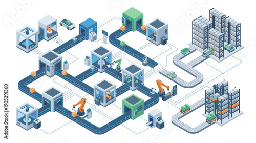Isometric Smart Factory Production Line with Robotic Arms and Automated Conveyor Systems for Industrial Automation and Digital Supply Chain Logistics Concepts