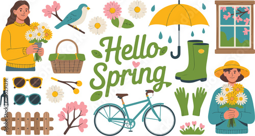 Spring themed Hello Spring illustration with flowers cherry blossom tree bicycle rabbit and gardening elements in pastel style