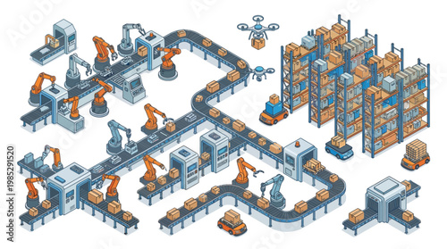 Isometric Smart Factory Automation with Robotic Arms, Conveyor Belts, and Autonomous Warehouse Drones for Logistics and Industrial Digital Transformation Concepts